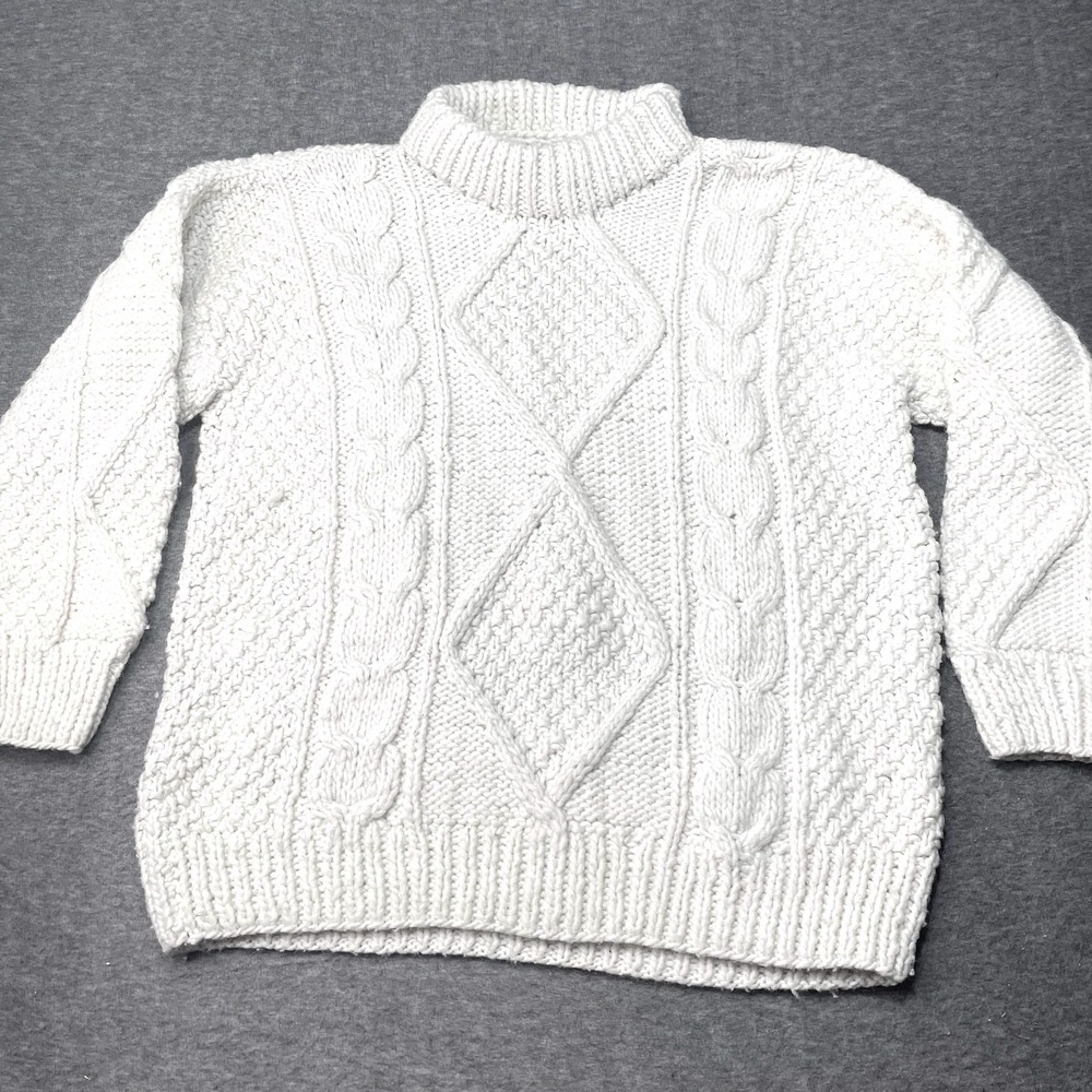 Vintage Gypsy Rose Sweater Women Large Ivory Chunky Ecuador Hand Knit Warm